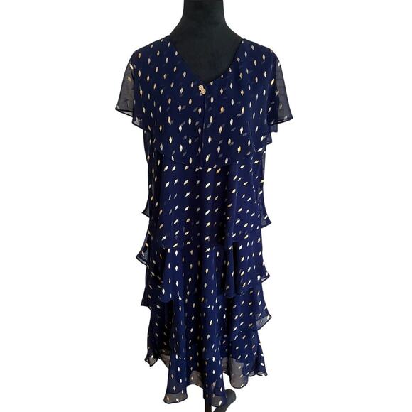 SLNY Navy & Gold Metallic Dot Ruffle Dress - Size 12 - Picture 1 of 4